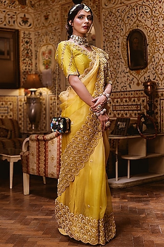 Dandelion Yellow Ombre Embroidered Saree Set by SURBHI SHAH