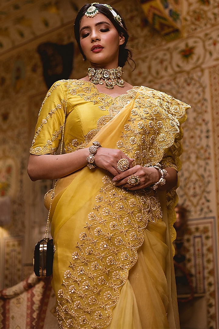 Dandelion Yellow Ombre Embroidered Reception Saree Set by SURBHI SHAH at Pernia's Pop Up Shop