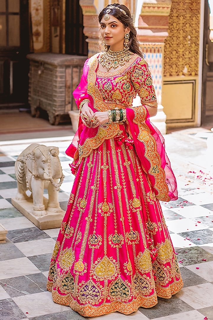Strawberry Pink Lehenga Set With Embroidery by SURBHI SHAH