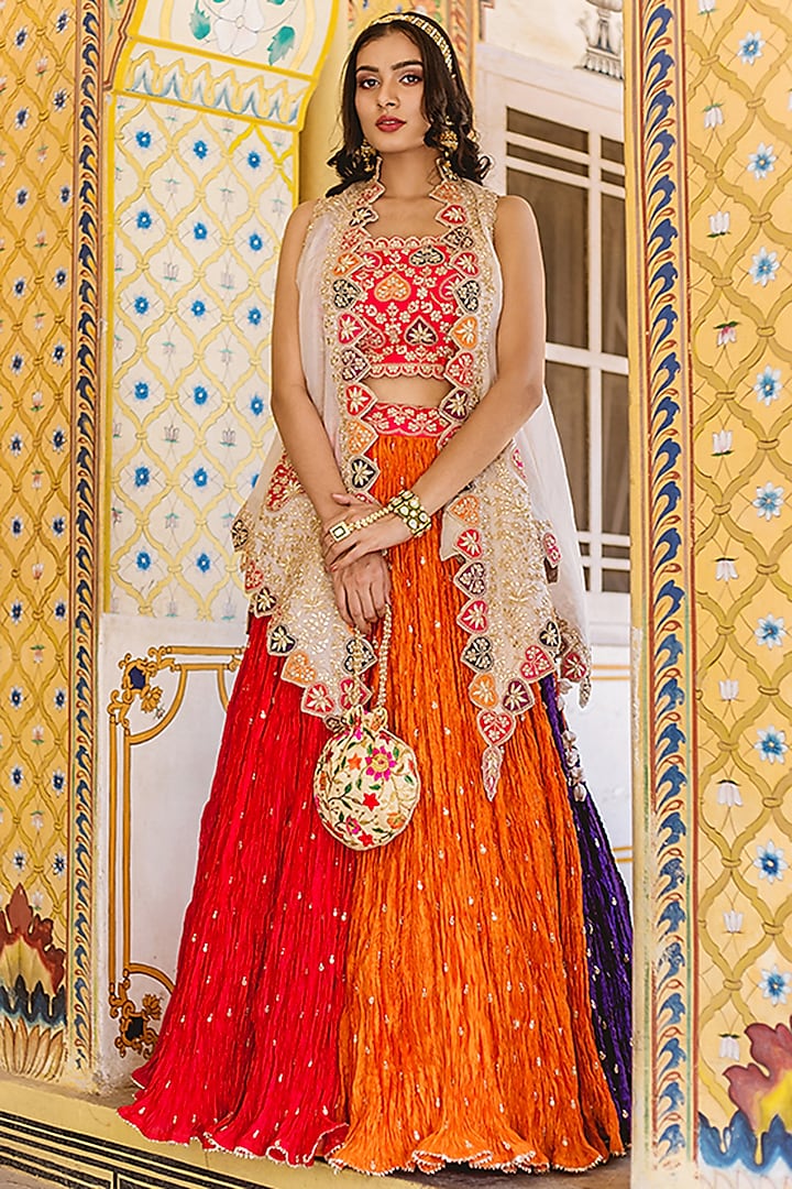 Multi-Colored Embroidered Crushed Wedding Lehenga Set by SURBHI SHAH at Pernia's Pop Up Shop
