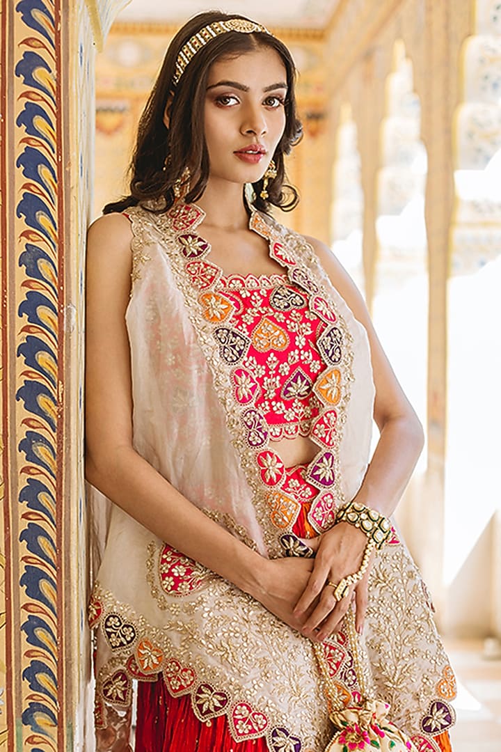 Multi-Colored Embroidered Crushed Wedding Lehenga Set by SURBHI SHAH at Pernia's Pop Up Shop
