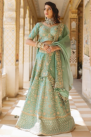Sea Blue Gota Embroidered Lehenga Set by SURBHI SHAH