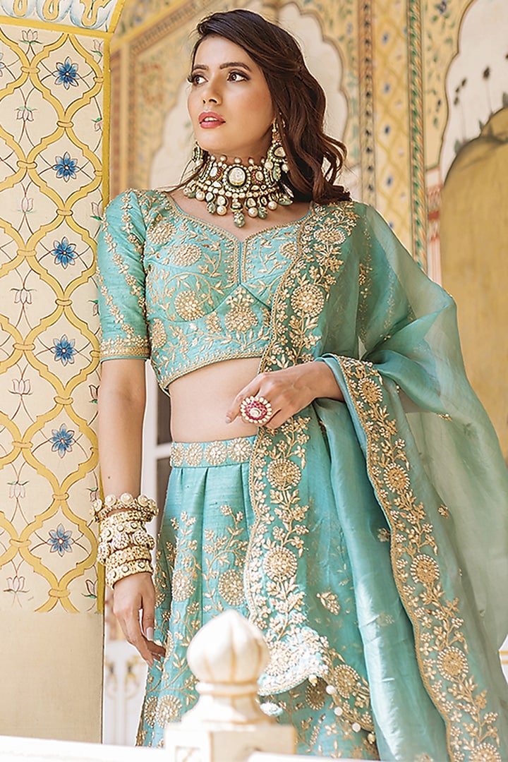 Sea Blue Gota Embroidered Bridal Lehenga Set by SURBHI SHAH at Pernia's Pop Up Shop