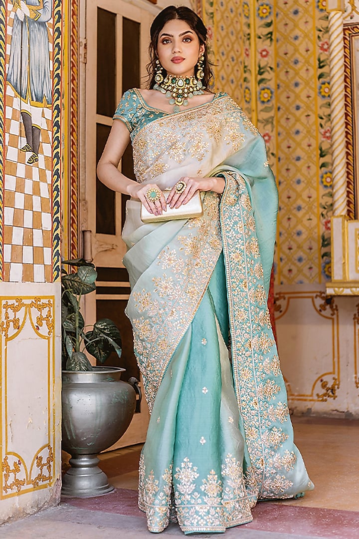 Sea Blue Ombre Embroidered Saree Set by SURBHI SHAH
