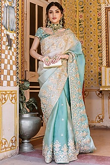 Sea Blue Ombre Embroidered Saree Set by SURBHI SHAH-TRADITIONAL SIX YARDS