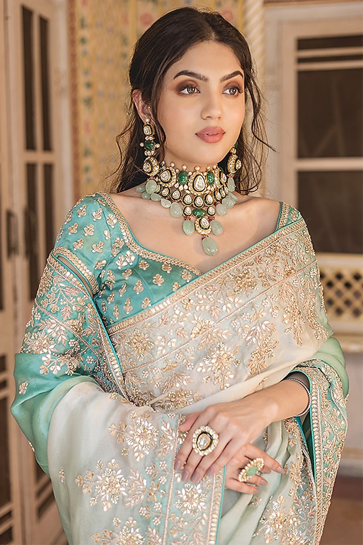 Sea Blue Ombre Embroidered Reception Saree Set by SURBHI SHAH at Pernia's Pop Up Shop
