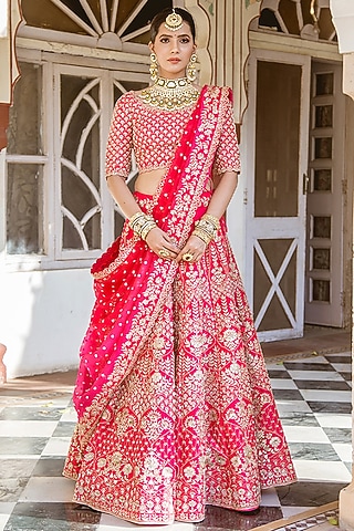 Bright Red Embroidered Lehenga Set by SURBHI SHAH