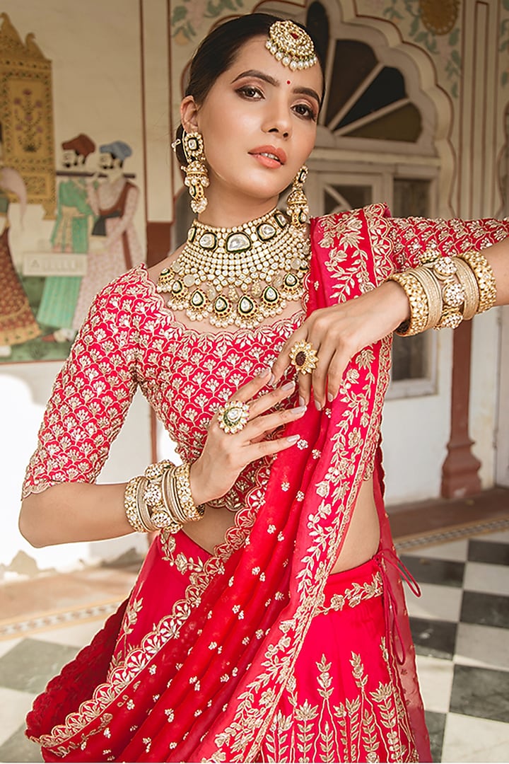 Bright Red Embroidered Bridal Lehenga Set by SURBHI SHAH at Pernia's Pop Up Shop