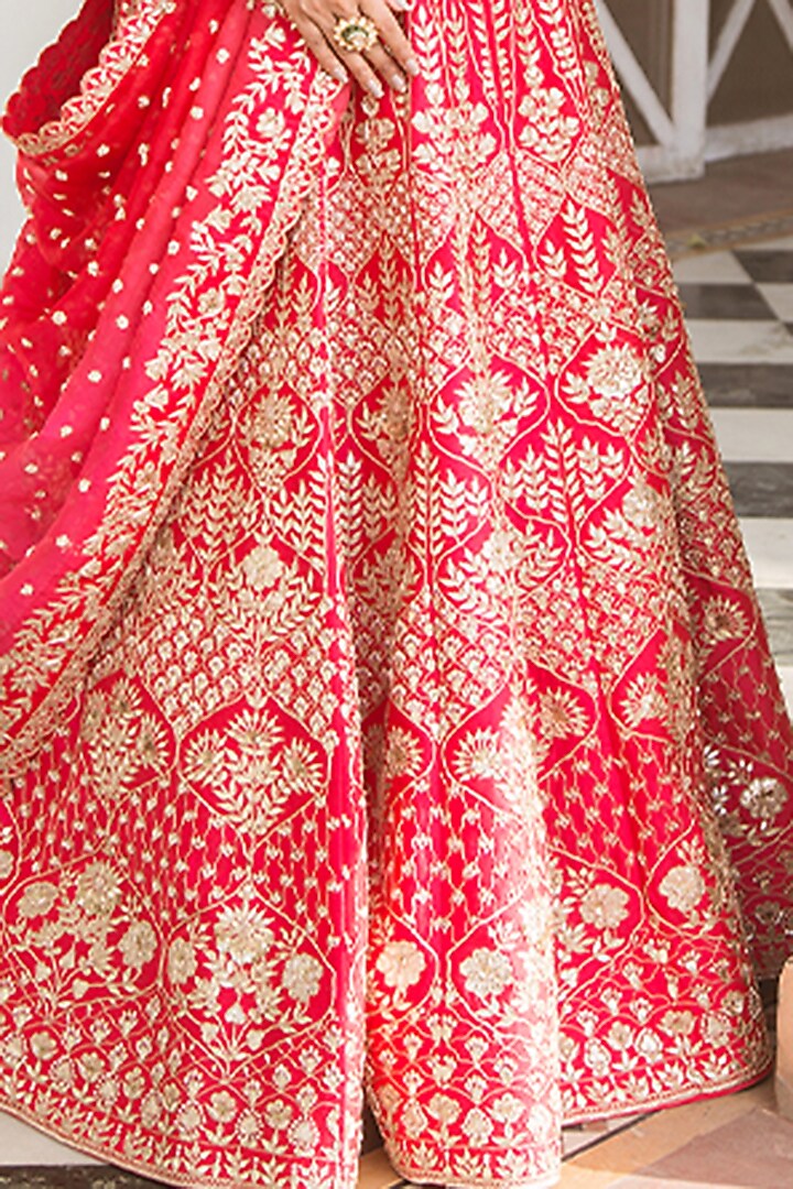 Bright Red Embroidered Bridal Lehenga Set by SURBHI SHAH at Pernia's Pop Up Shop