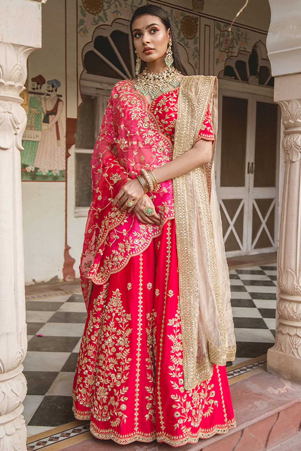 Bright red bridal store lehenga