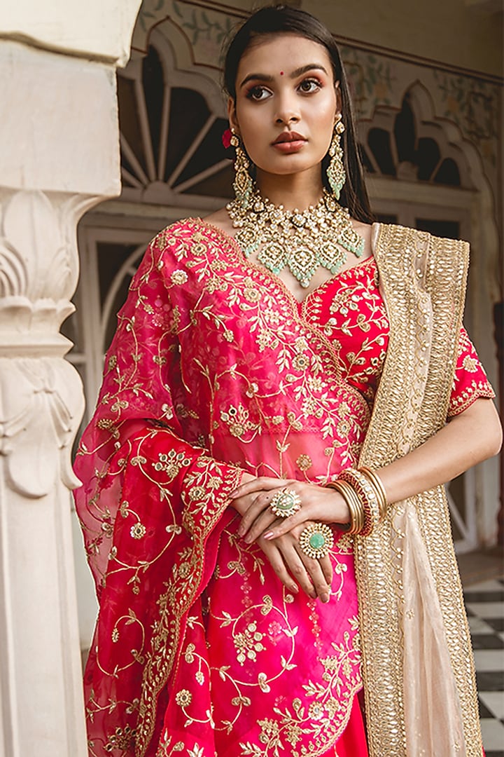 Bright Red Zardosi Embroidered Bridal Lehenga Set by SURBHI SHAH at Pernia's Pop Up Shop