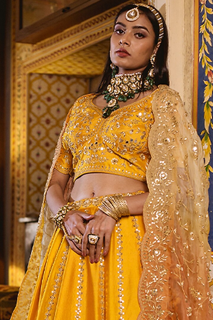 Mustard Embroidered Wedding Lehenga Set by SURBHI SHAH at Pernia's Pop Up Shop