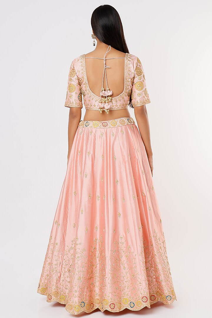 Peach Pink Hand Embroidered Wedding Lehenga Set by SURBHI SHAH at Pernia's Pop Up Shop