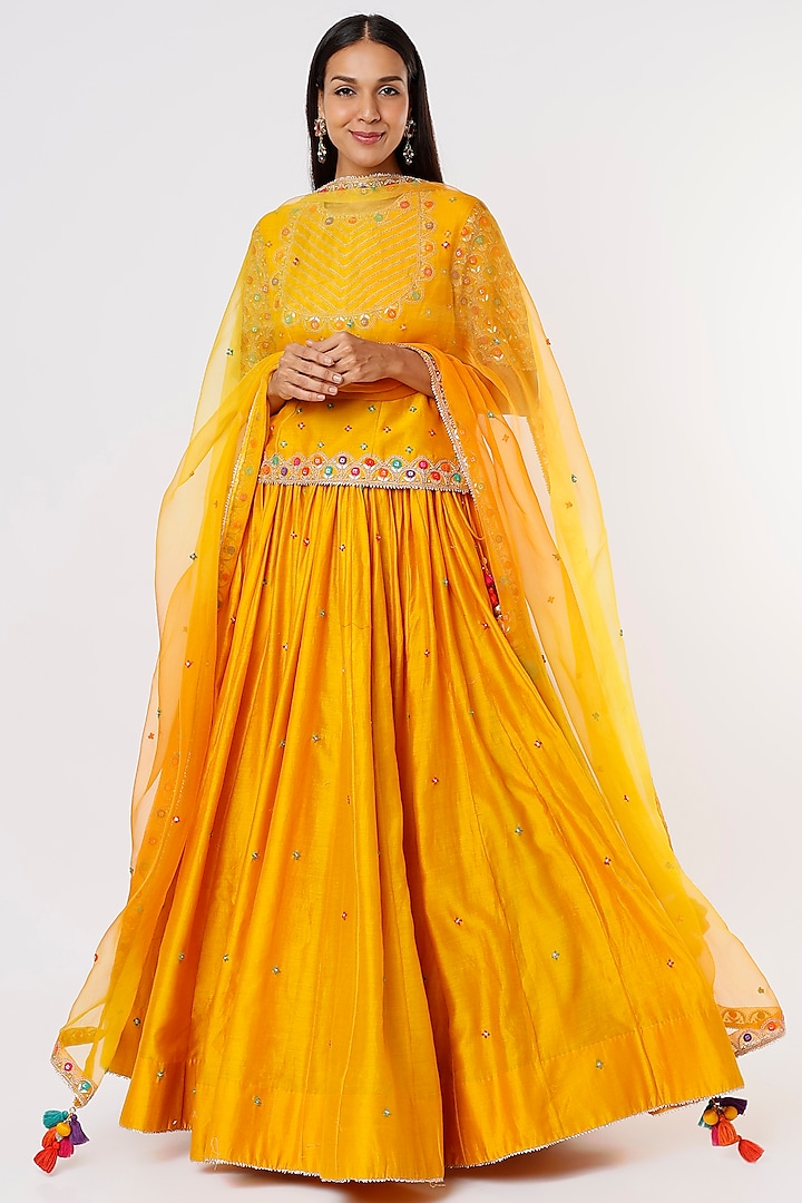 Yellow Pure Chanderi Wedding Lehenga Set by SURBHI SHAH at Pernia's Pop Up Shop