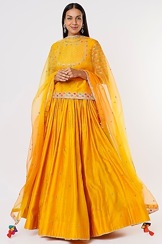 Yellow Pure Chanderi Lehenga Set by SURBHI SHAH