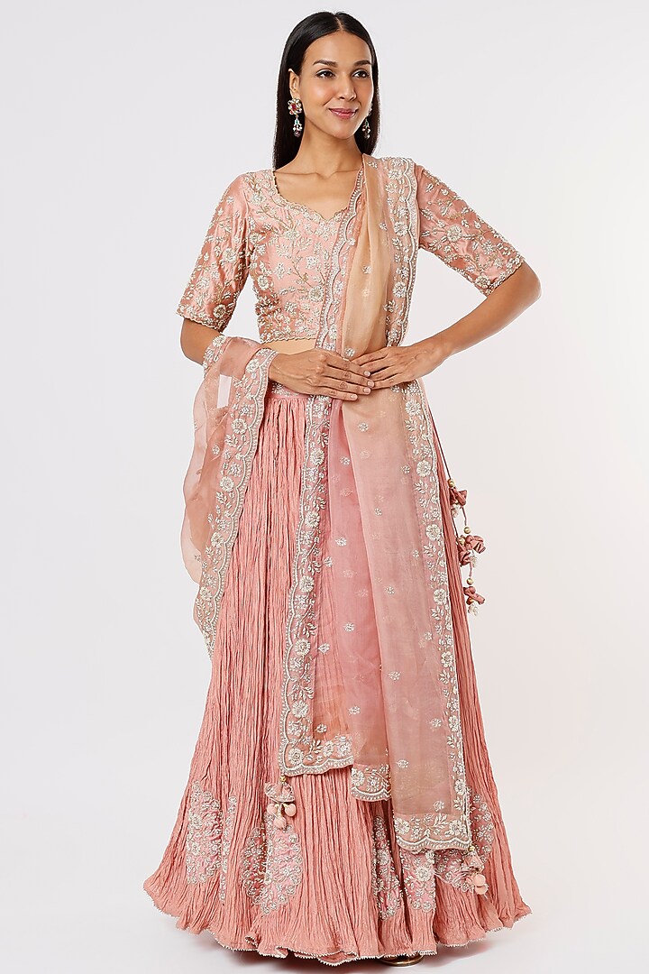 Rose Gold Hand Embroidered Crushed Wedding Lehenga Set by SURBHI SHAH at Pernia's Pop Up Shop