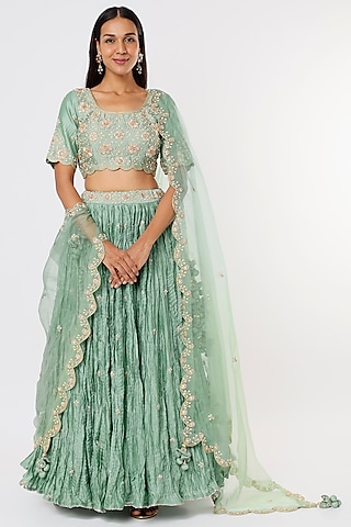 Sea Green Pure Chanderi Crush Lehenga Set by SURBHI SHAH