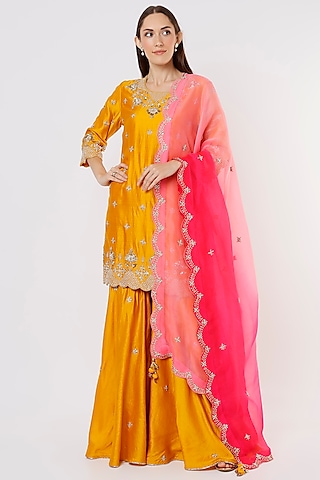 Mango Yellow Embroidered Sharara Set by SURBHI SHAH