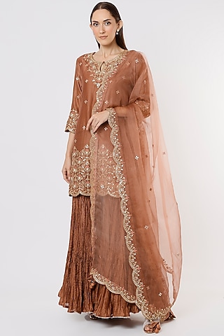 Brown Embroidered Sharara Set by SURBHI SHAH