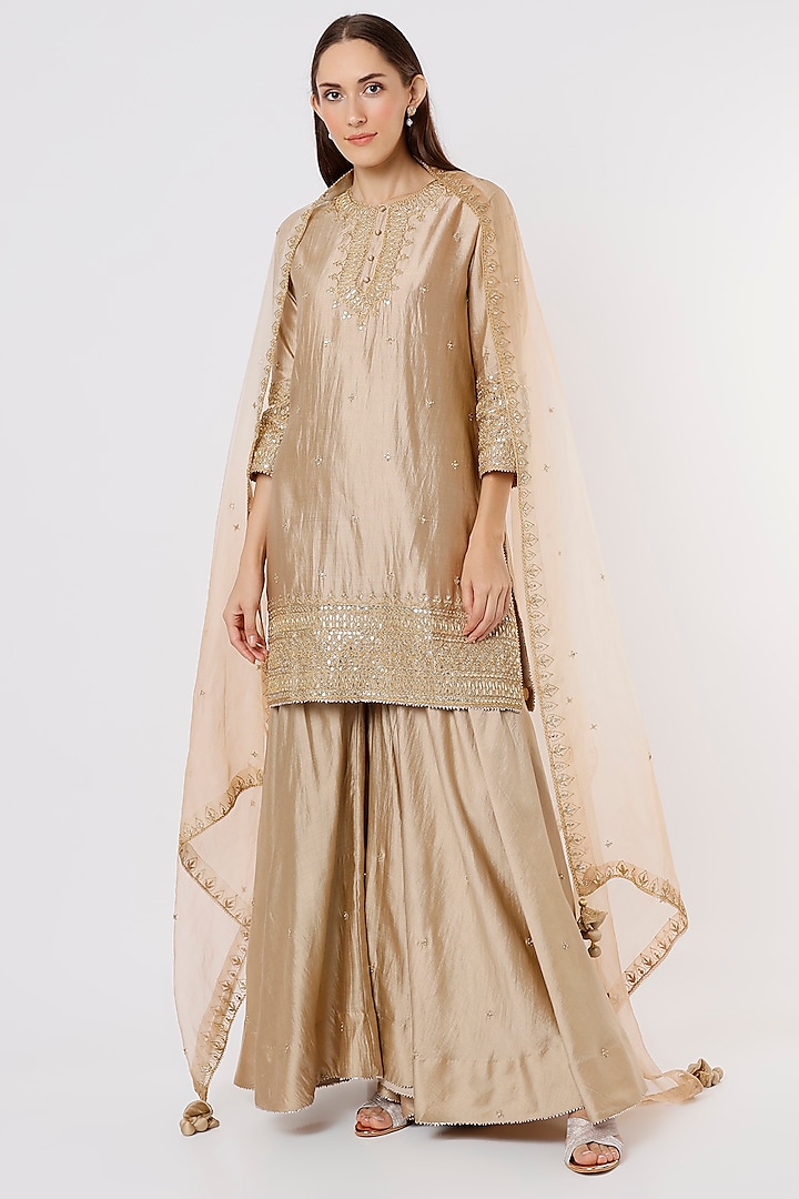 Beige Embroidered Sharara Set by SURBHI SHAH