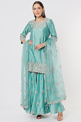 Powder Blue Pure Spun Silk Hand Embroidered Sharara Set by SURBHI SHAH