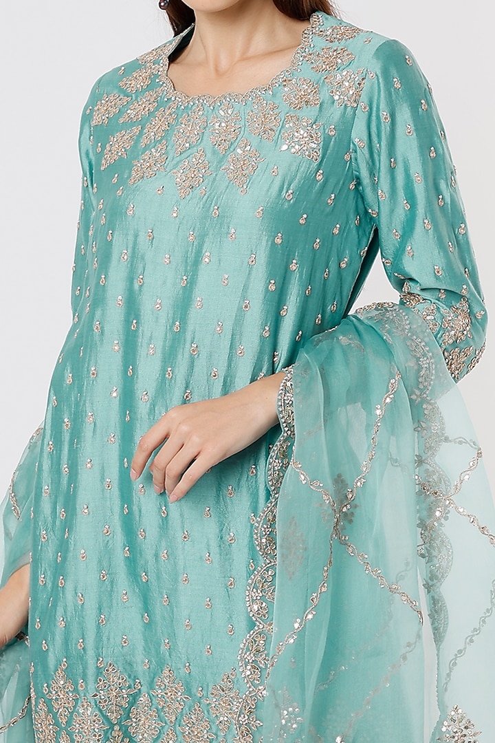 Powder Blue Pure Spun Silk Hand Embroidered Wedding Sharara Set by SURBHI SHAH at Pernia's Pop Up Shop