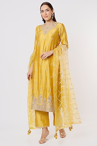 Yellow Embroidered Kurta Set by SURBHI SHAH