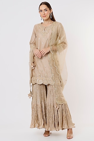 Beige Hand Embroidered Sharara Set by SURBHI SHAH