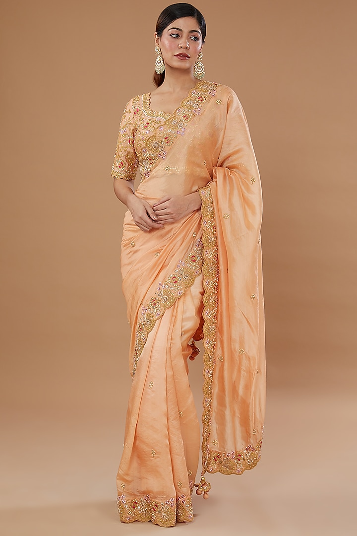 Peach Pure Taffeta Embroidered Saree Set by SURBHI SHAH at Pernia's Pop Up Shop