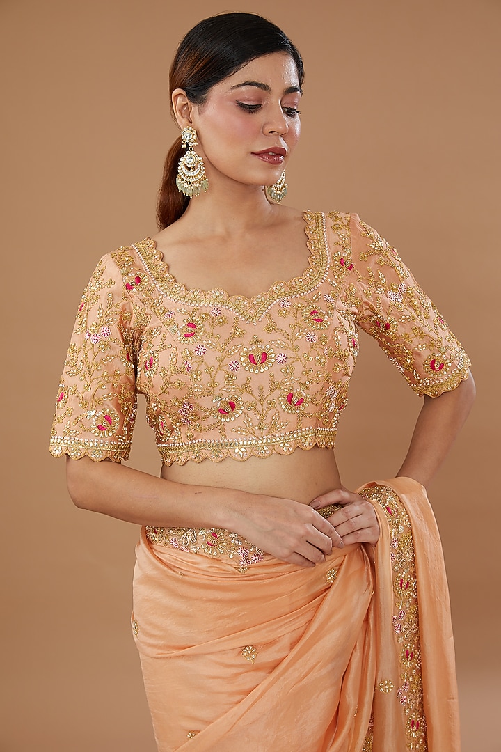 Peach Pure Taffeta Embroidered Wedding Saree Set by SURBHI SHAH at Pernia's Pop Up Shop