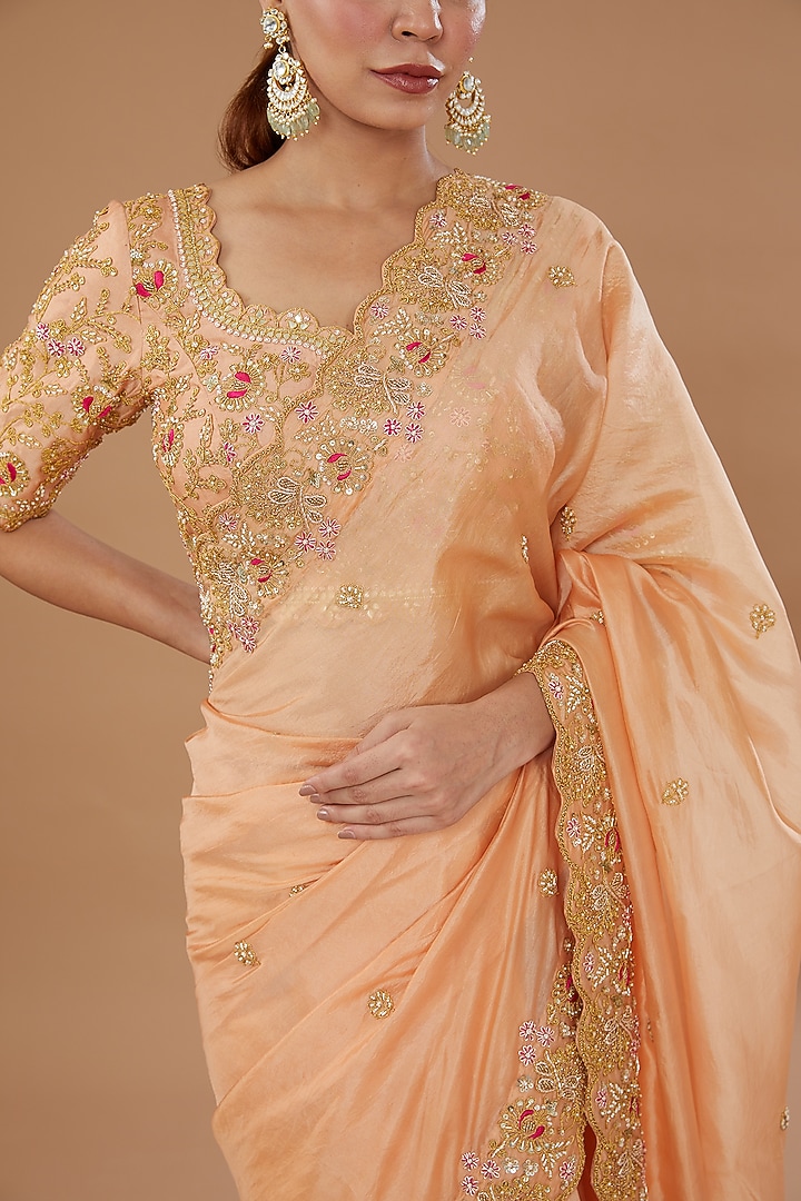 Peach Pure Taffeta Embroidered Wedding Saree Set by SURBHI SHAH at Pernia's Pop Up Shop