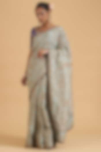 Powder Blue Tissue Embroidered Reception Saree Set by SURBHI SHAH at Pernia's Pop Up Shop