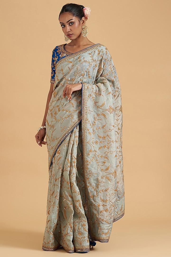 Powder Blue Tissue Embroidered Reception Saree Set by SURBHI SHAH at Pernia's Pop Up Shop