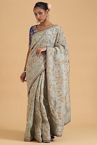 Powder Blue Tissue Embroidered Saree Set by SURBHI SHAH