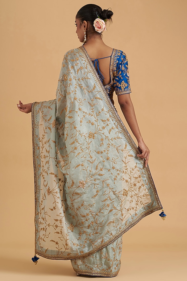 Powder Blue Tissue Embroidered Reception Saree Set by SURBHI SHAH at Pernia's Pop Up Shop