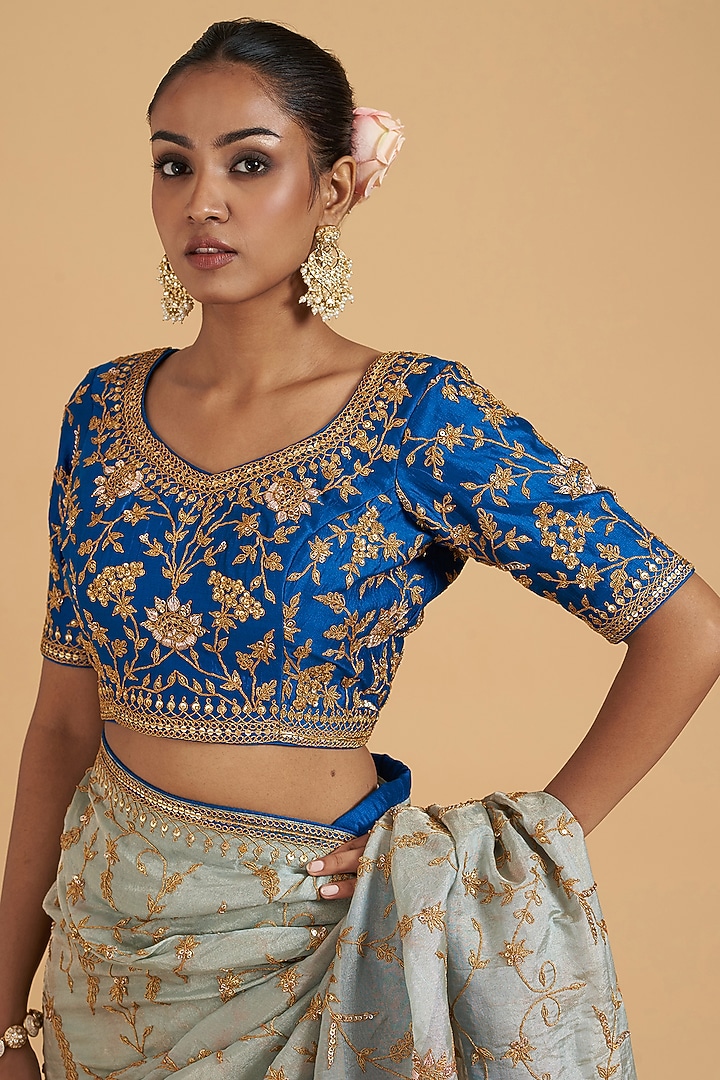 Powder Blue Tissue Embroidered Reception Saree Set by SURBHI SHAH at Pernia's Pop Up Shop