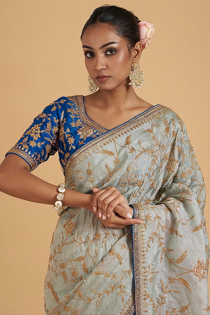 Powder Blue Tissue Embroidered Reception Saree Set by SURBHI SHAH at Pernia's Pop Up Shop