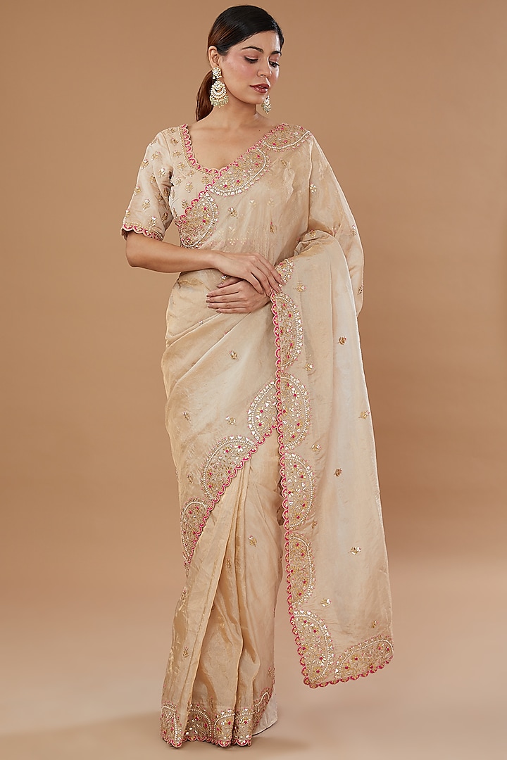 Beige Pure Tissue Embroidered Saree Set by SURBHI SHAH
