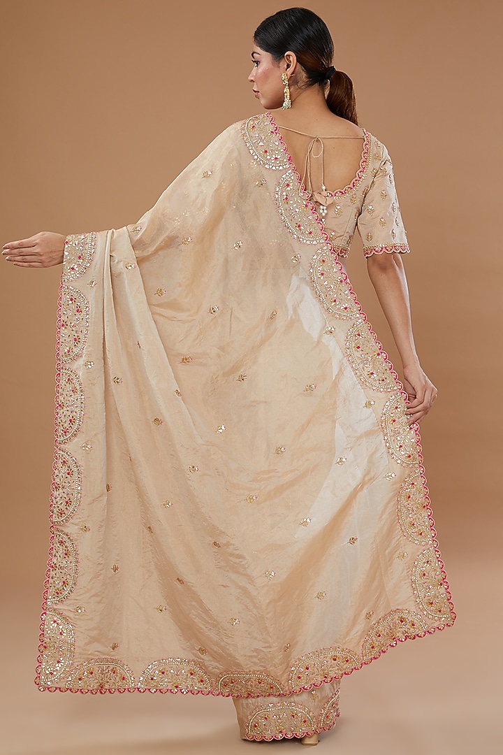 Beige Pure Tissue Embroidered Wedding Saree Set by SURBHI SHAH at Pernia's Pop Up Shop