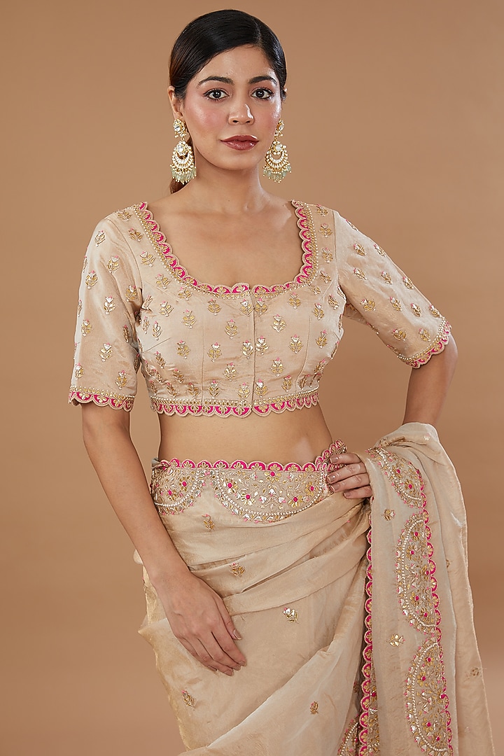 Beige Pure Tissue Embroidered Wedding Saree Set by SURBHI SHAH at Pernia's Pop Up Shop