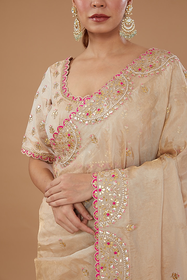 Beige Pure Tissue Embroidered Wedding Saree Set by SURBHI SHAH at Pernia's Pop Up Shop