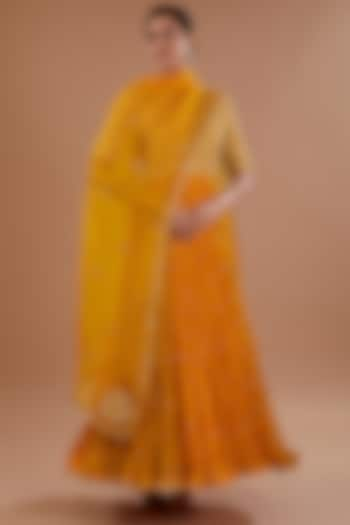 Dark Mango Yellow Pure Silk Marori Embroidered Anarkali Set by SURBHI SHAH at Pernia's Pop Up Shop