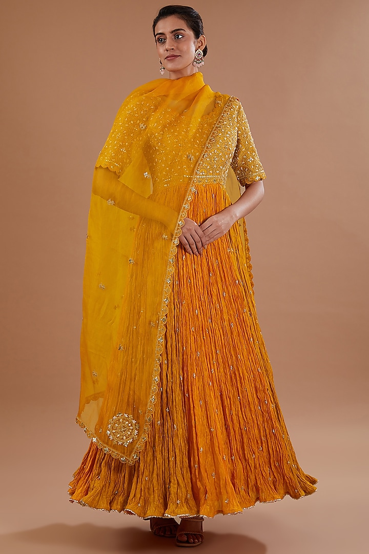 Dark Mango Yellow Pure Silk Marori Embroidered Anarkali Set by SURBHI SHAH at Pernia's Pop Up Shop