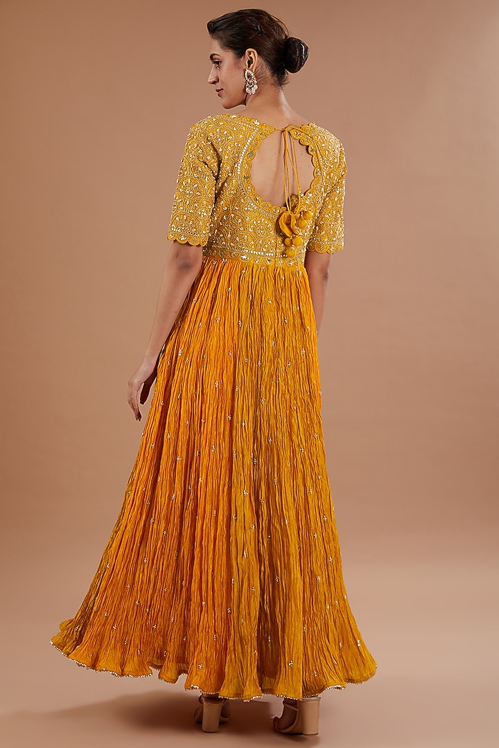 Dark Mango Yellow Pure Silk Marori Embroidered Wedding Anarkali Set by SURBHI SHAH at Pernia's Pop Up Shop