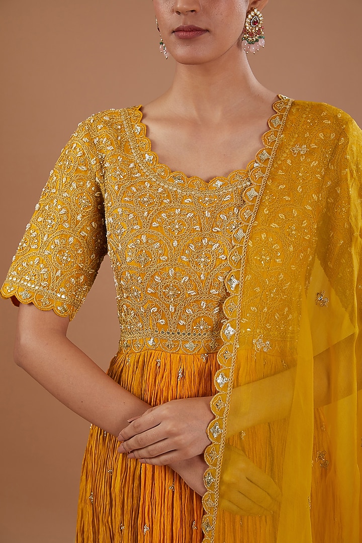 Dark Mango Yellow Pure Silk Marori Embroidered Wedding Anarkali Set by SURBHI SHAH at Pernia's Pop Up Shop