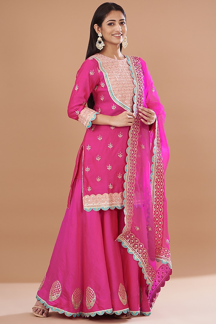 Strawberry Pink Spun Silk Gharara Set by SURBHI SHAH at Pernia's Pop Up Shop