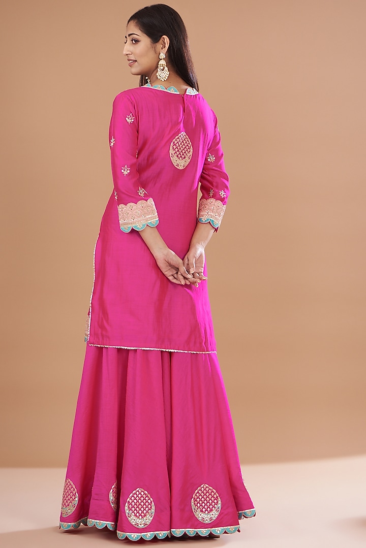 Strawberry Pink Spun Silk Gharara Set by SURBHI SHAH at Pernia's Pop Up Shop