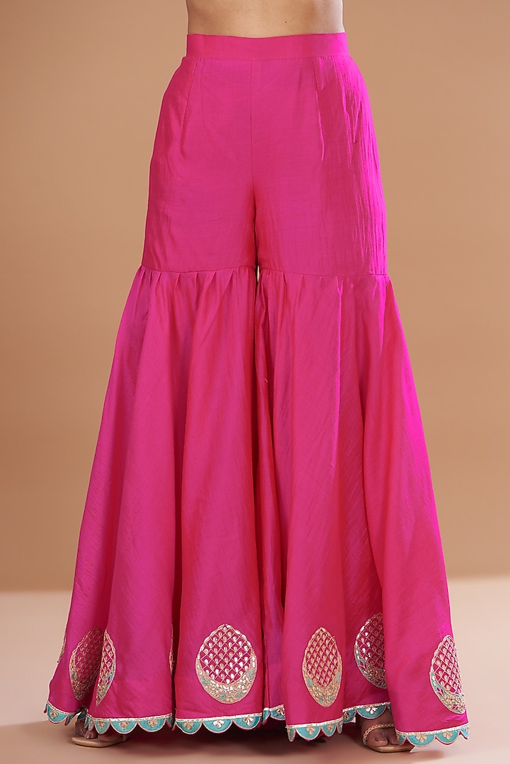 Strawberry Pink Spun Silk Gharara Set by SURBHI SHAH at Pernia's Pop Up Shop