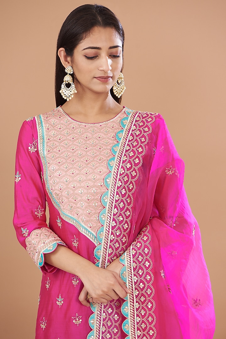 Strawberry Pink Spun Silk Gharara Set by SURBHI SHAH at Pernia's Pop Up Shop