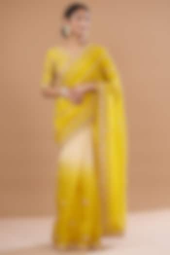 Greenish Yellow Satin Organza Embroidered Wedding Saree Set by SURBHI SHAH at Pernia's Pop Up Shop